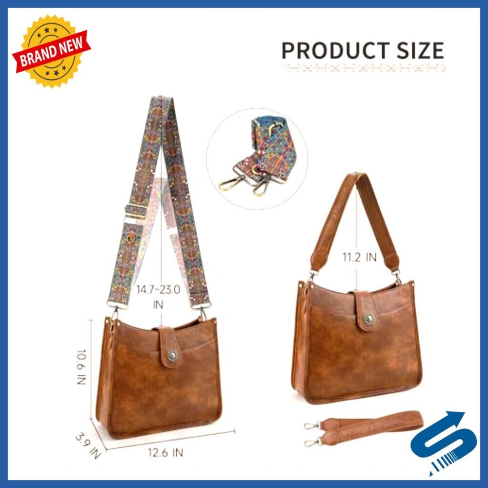 Vegan Leather Hobo Bag Crossbody Purse Trendy Boho Two Strap Design - Picture 6 of 7